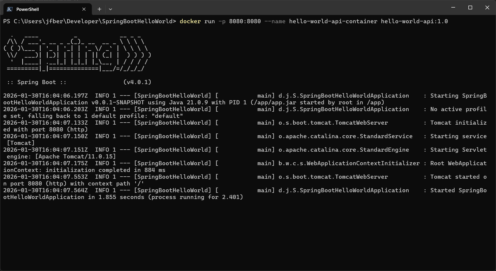Pantalla de terminal que muestra el contenedor construido en ejecución