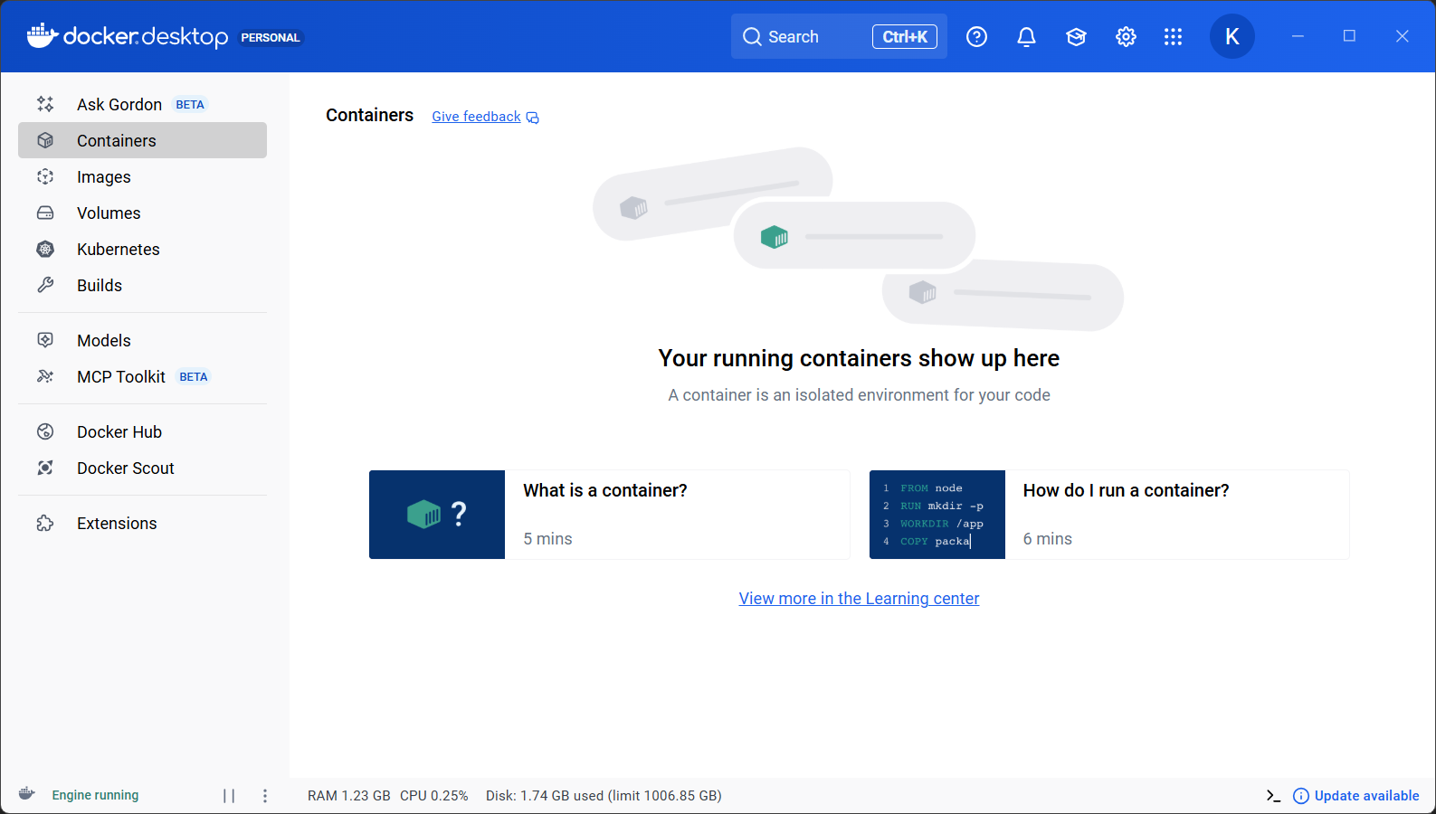 Ventana de Docker Desktop en ejecución