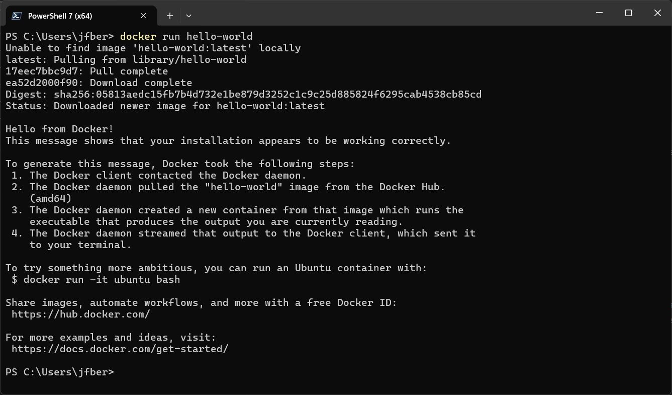 Ventana de terminal con una ejecución del contenedor Hello World
