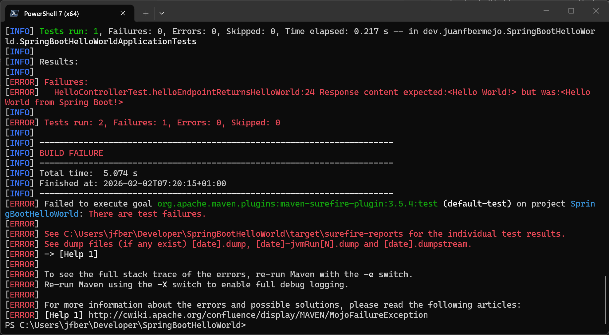 Terminal que muestra que el test ha dado resultado negativo